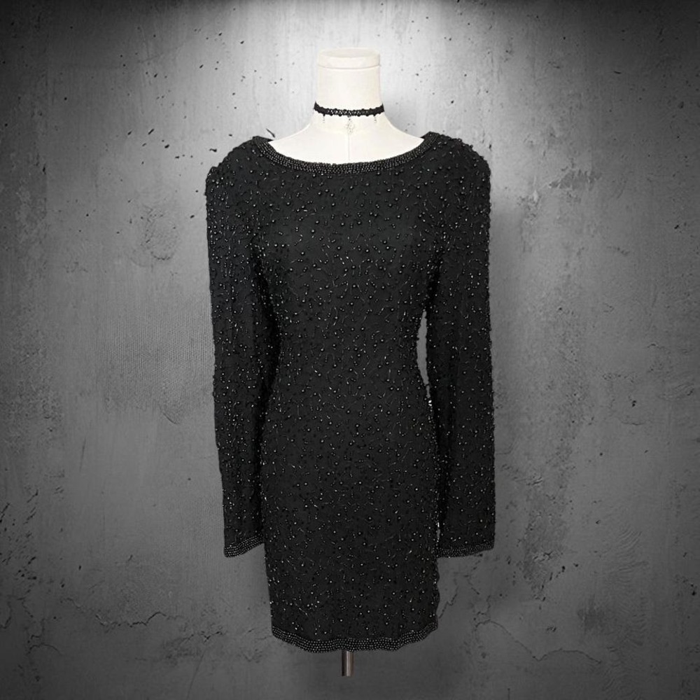 Vintage 80s Papell Boutique Evening Black Silk Beaded Tunic Long Sleeve Blouse